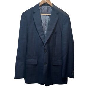 Allen Edmonds 42L Navy Blue Plaid 100% Wool Blazer Handcrafted In USA Union Made